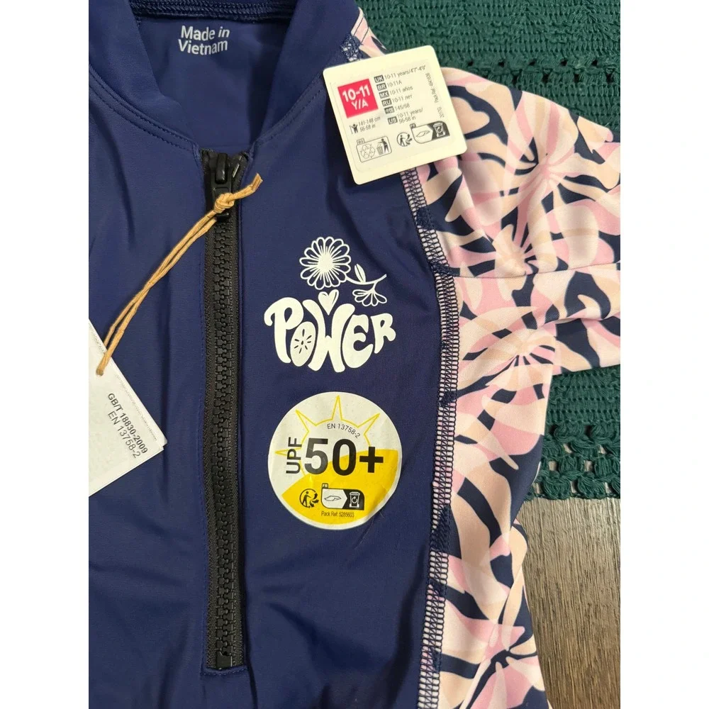 Girls Navy Pink Floral Long Sleeve One Piece Swimsuit UPF 50+ Rash Guard 10-11Y